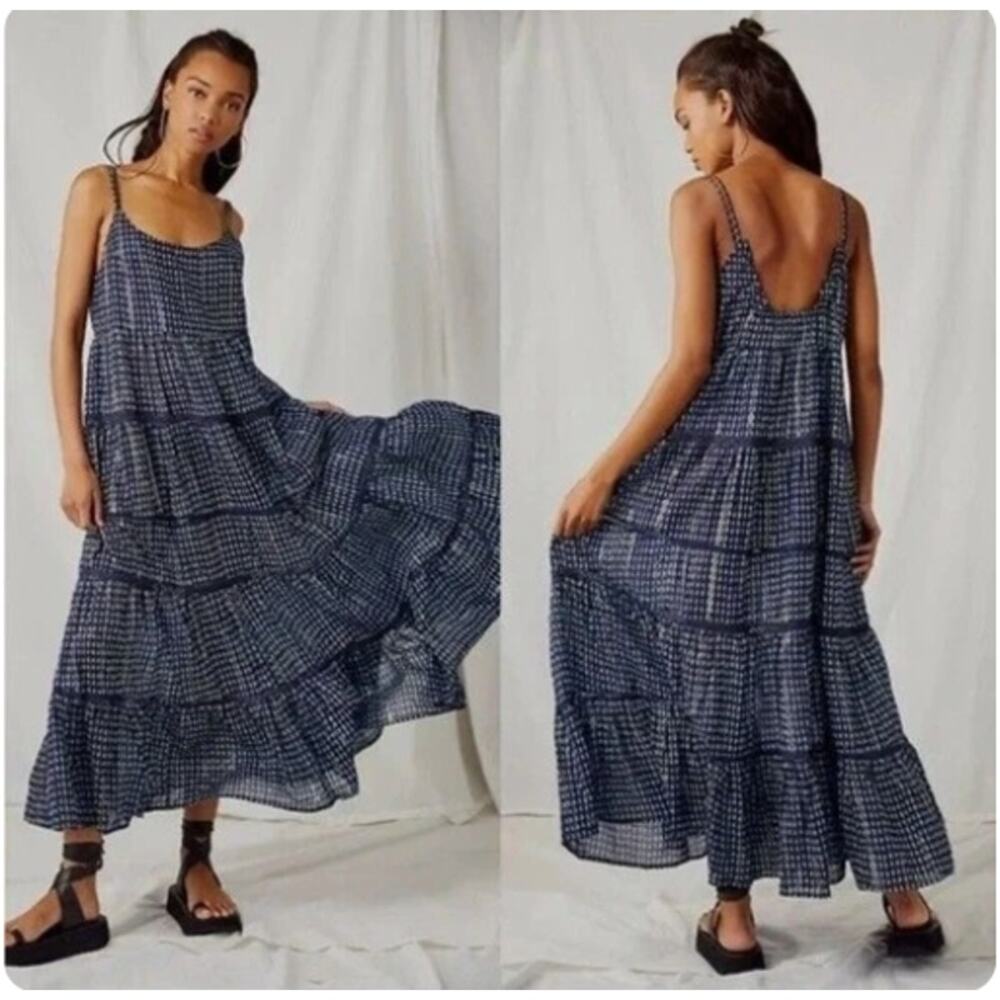 Free People Midnight Dance Dress S Tiered Blue Gold Sheer Tank Strappy